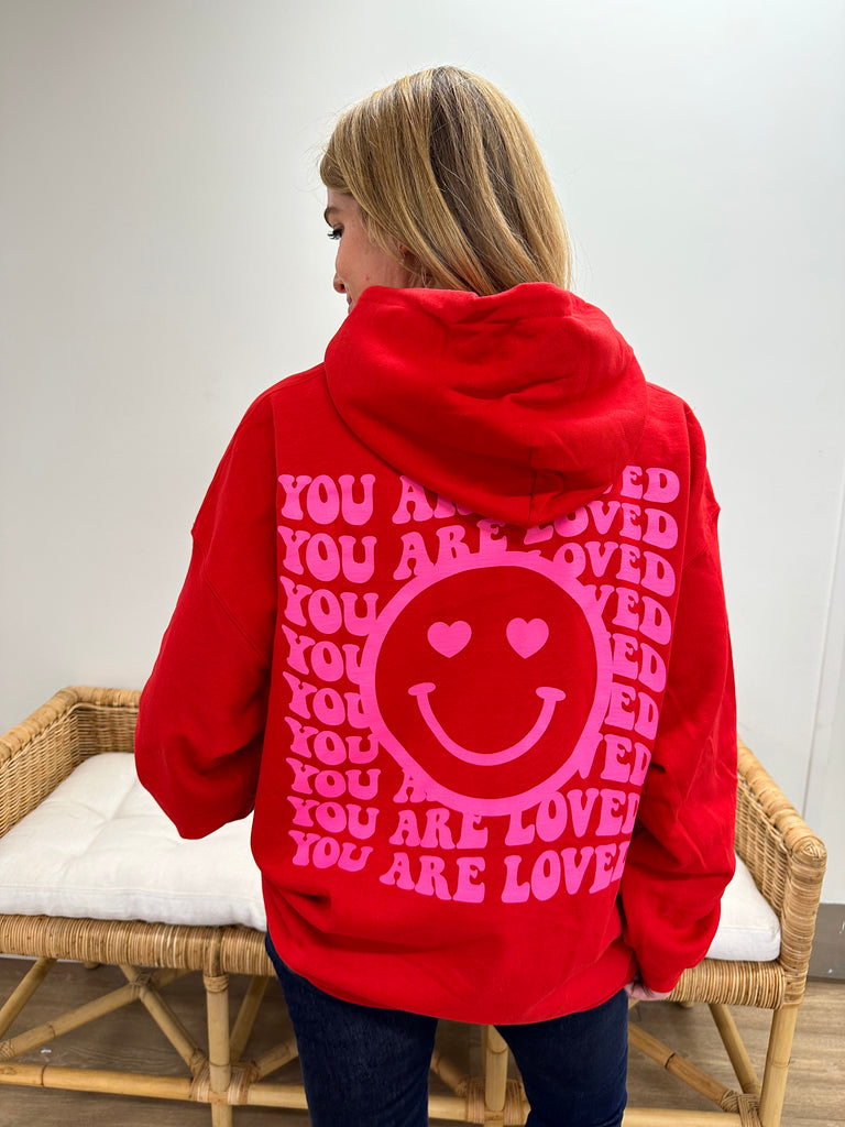 'You are Loved' Happy Face Hoodie - Red with Neon Pink