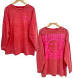'You are Loved' Happy Face Oversized Long Sleeve Tee - Red & Hot Pink