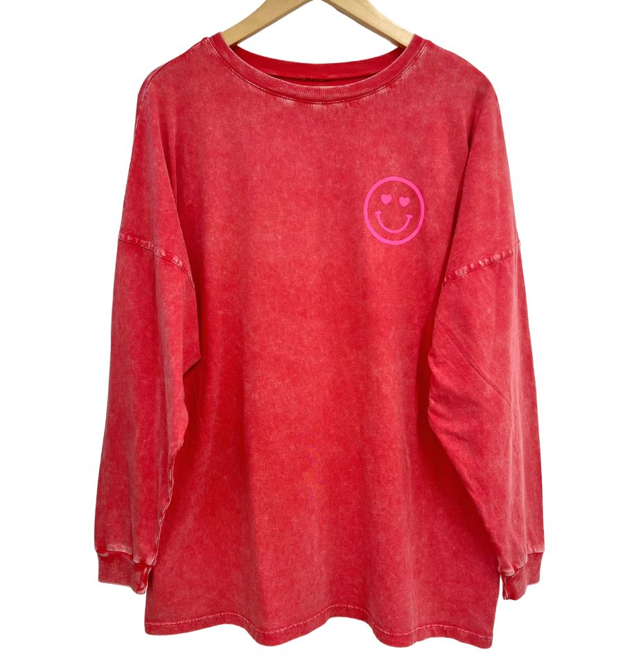 'You are Loved' Happy Face Oversized Long Sleeve Tee - Red & Hot Pink