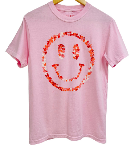 Hearts Happy Face Unisex Relaxed Tee - PINK