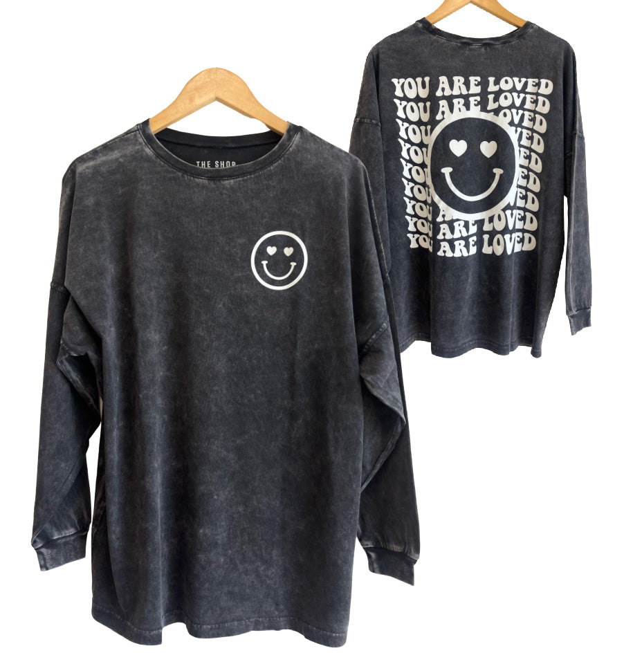 'You are Loved' Happy Face Oversized Long Sleeve Tee - Graphite
