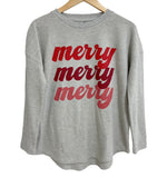 'MERRY MERRY MERRY' Textured Waffle Knit Long Sleeve Tee - Grey