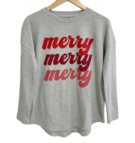 'MERRY MERRY MERRY' Textured Waffle Knit Long Sleeve Tee - Grey