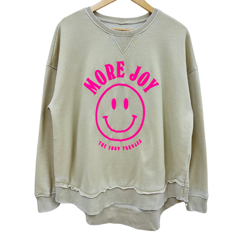 'MORE JOY' Happy Face Burnout Hi Low Crew - Oatmeal