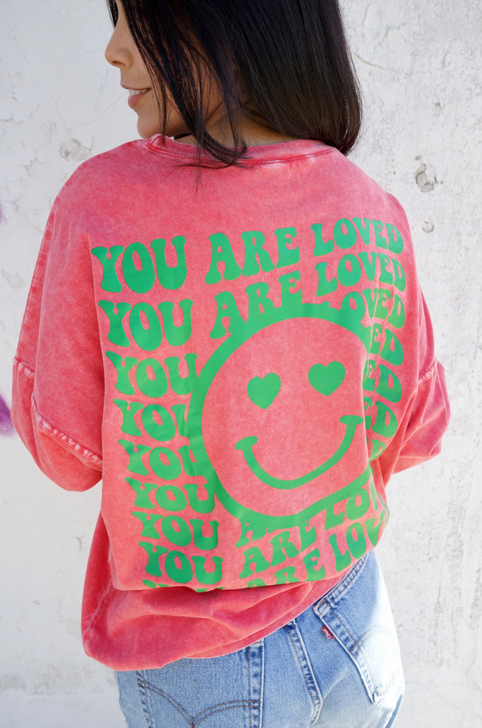 'You are Loved' Happy Face Oversized Long Sleeve Tee - Red & Green