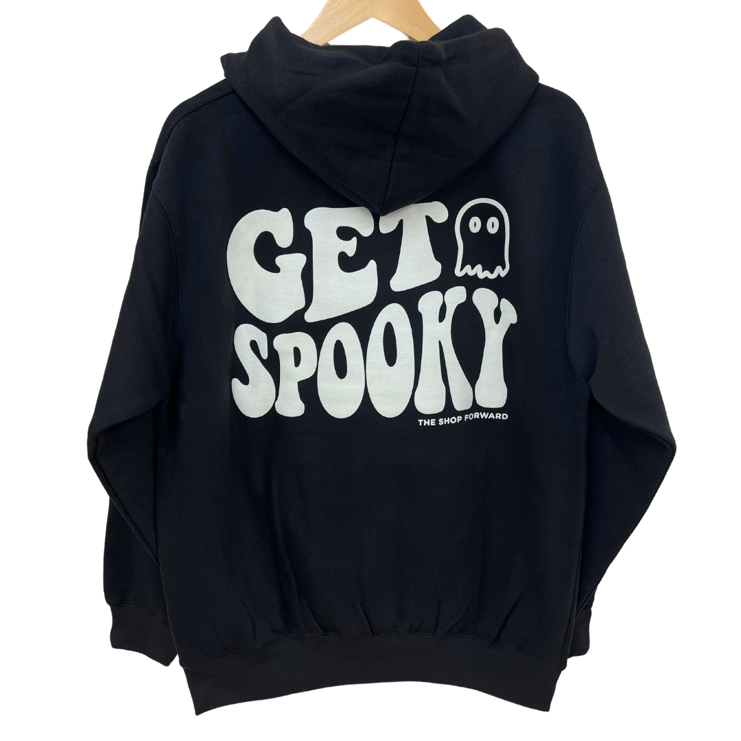'GET SPOOKY' (GLOW IN THE DARK) Unisex Hoodie Sweatshirt BLACK The
