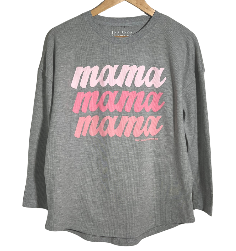 'MAMA' TEXTURED WAFFLE KNIT LONG SLEEVE TEE