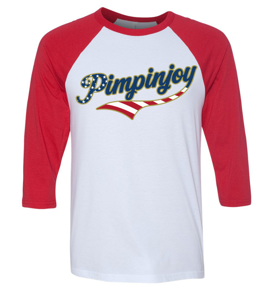 PIMPINJOY Jersey Script Unisex Baseball Tee- WHITE + RED