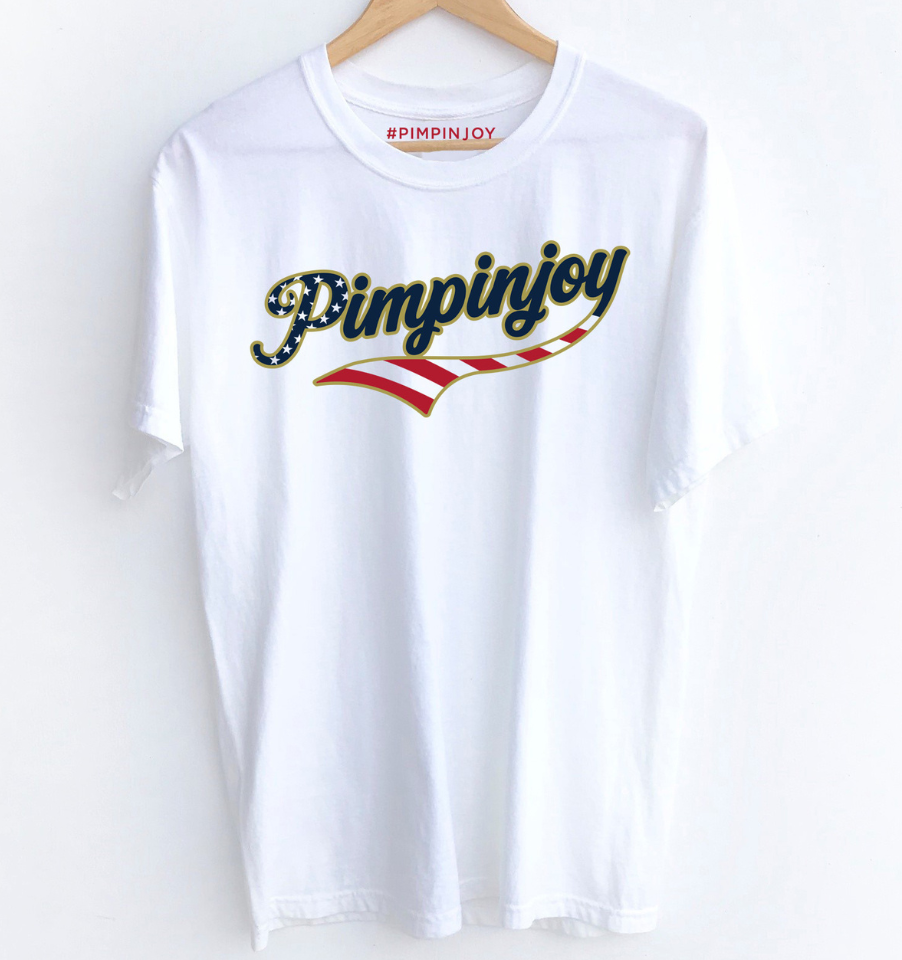 PIMPINJOY Jersey Script Relaxed Fit Unisex Tee- WHITE