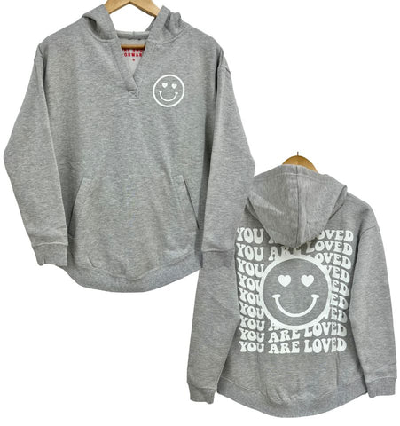 'You are Loved' Heart Happy Face Women's Hoodie with Pocket Pouch - Grey