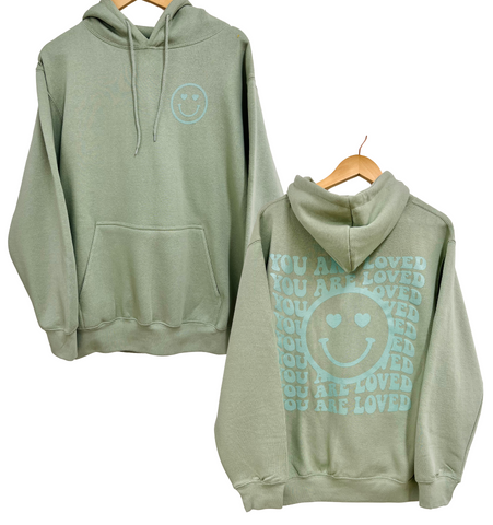 'You are Loved' Happy Face Hoodie - Sage Green