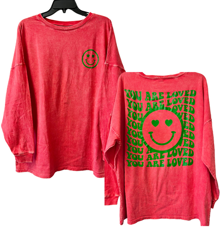 'You are Loved' Happy Face Oversized Long Sleeve Tee - Red & Green