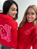 'You are Loved' Happy Face Hoodie - Red with Neon Pink