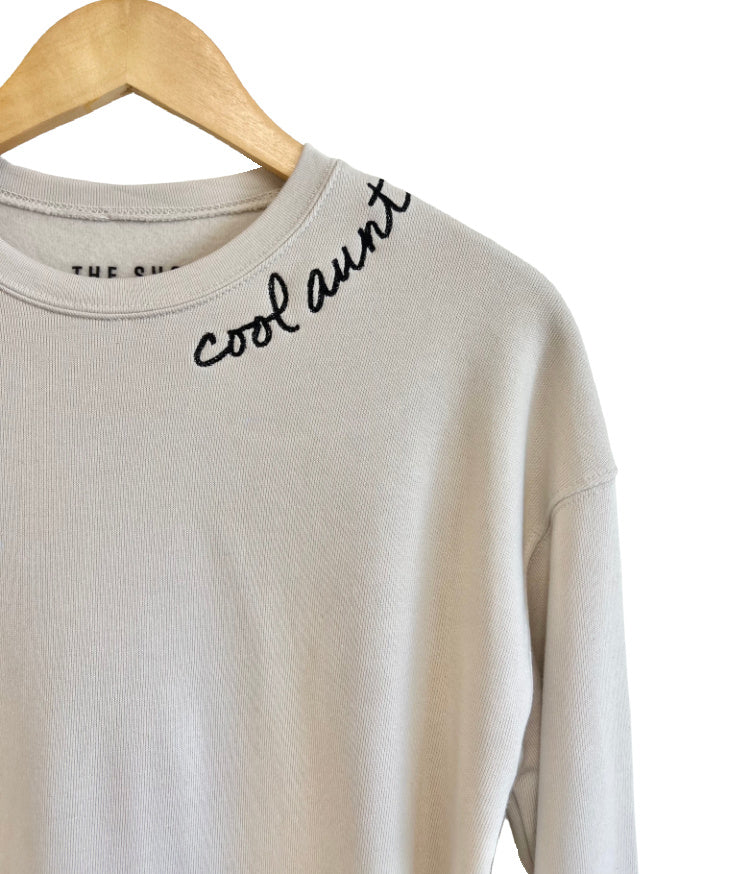 COOL AUNT Embroidered Pullover - Tan with Black