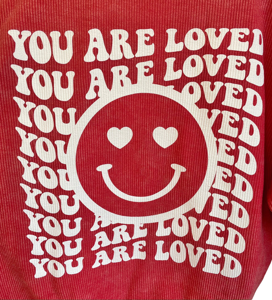 'You are Loved' Happy Face Corded Pullover - Red