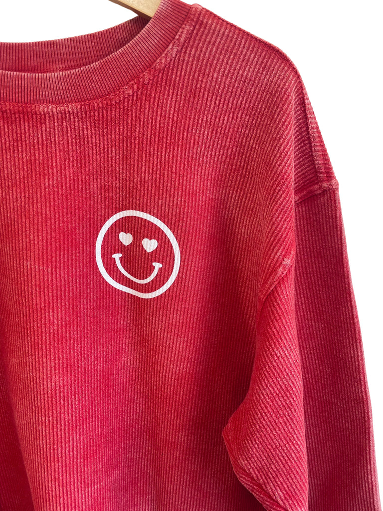 'You are Loved' Happy Face Corded Pullover - Red