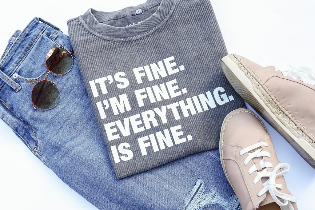 4 Things® 'I'M FINE' Corded Crew Pullover Sweatshirt - Faded Charcoal