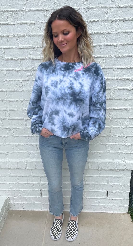 COOL MOM® Embroidered Corded Pullover - Tie Dye with Neon Pink
