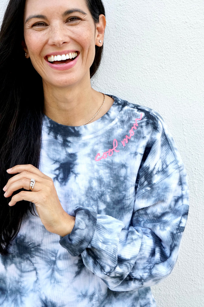 COOL MOM® Embroidered Corded Pullover - Tie Dye with Neon Pink 