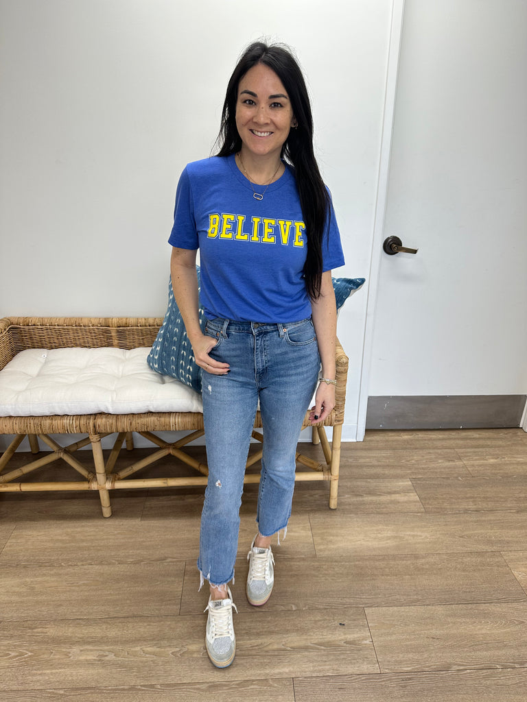 'BELIEVE' Unisex Tee - Heather Royal Blue