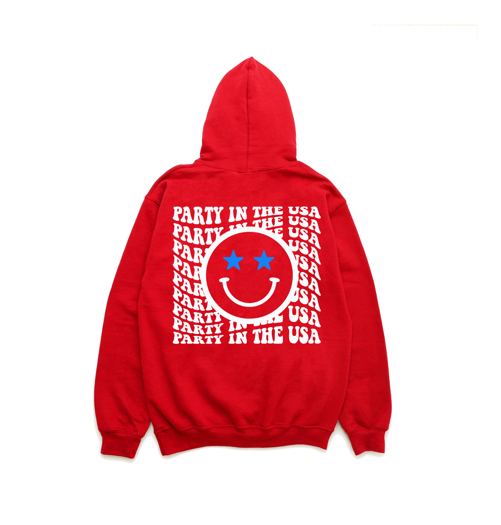 PARTY IN THE USA\' Happy Face Hoodie - Red – The Shop Forward