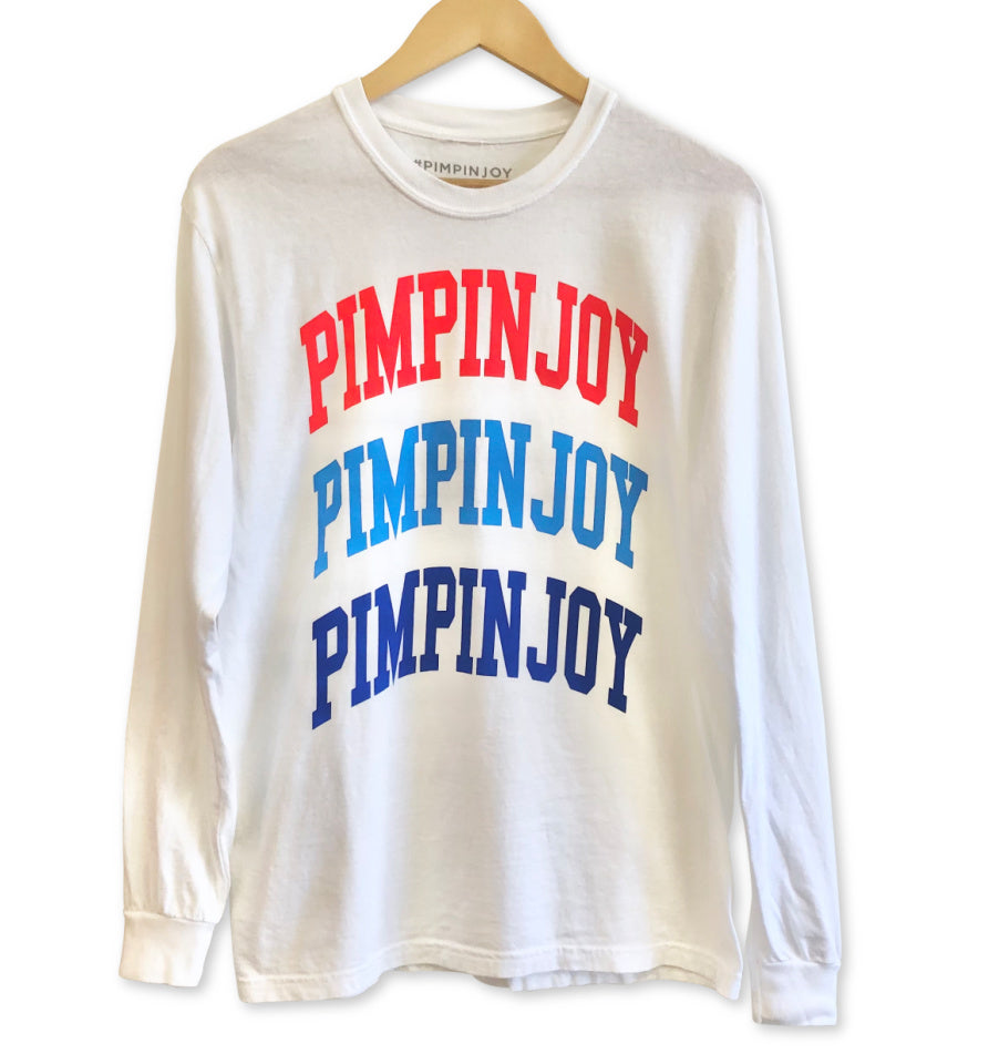 #PIMPINJOY Patriotic Collegiate Repeat Unisex Long Sleeve Tee - White
