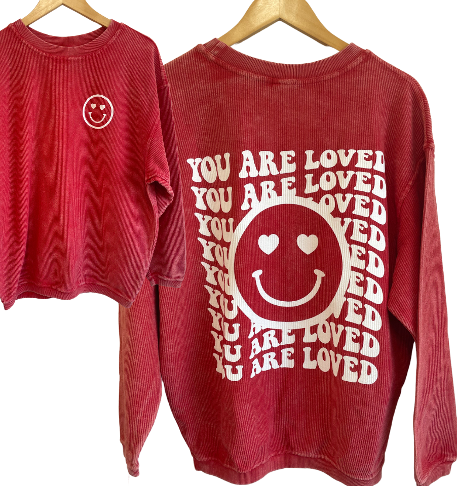 'You are Loved' Happy Face Corded Pullover - Red