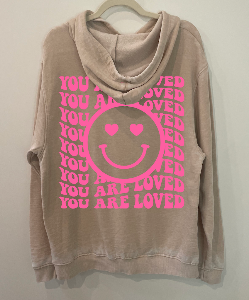 'You Are Loved' Happy Face Burnout Hoodie - Oatmeal + Neon Pink