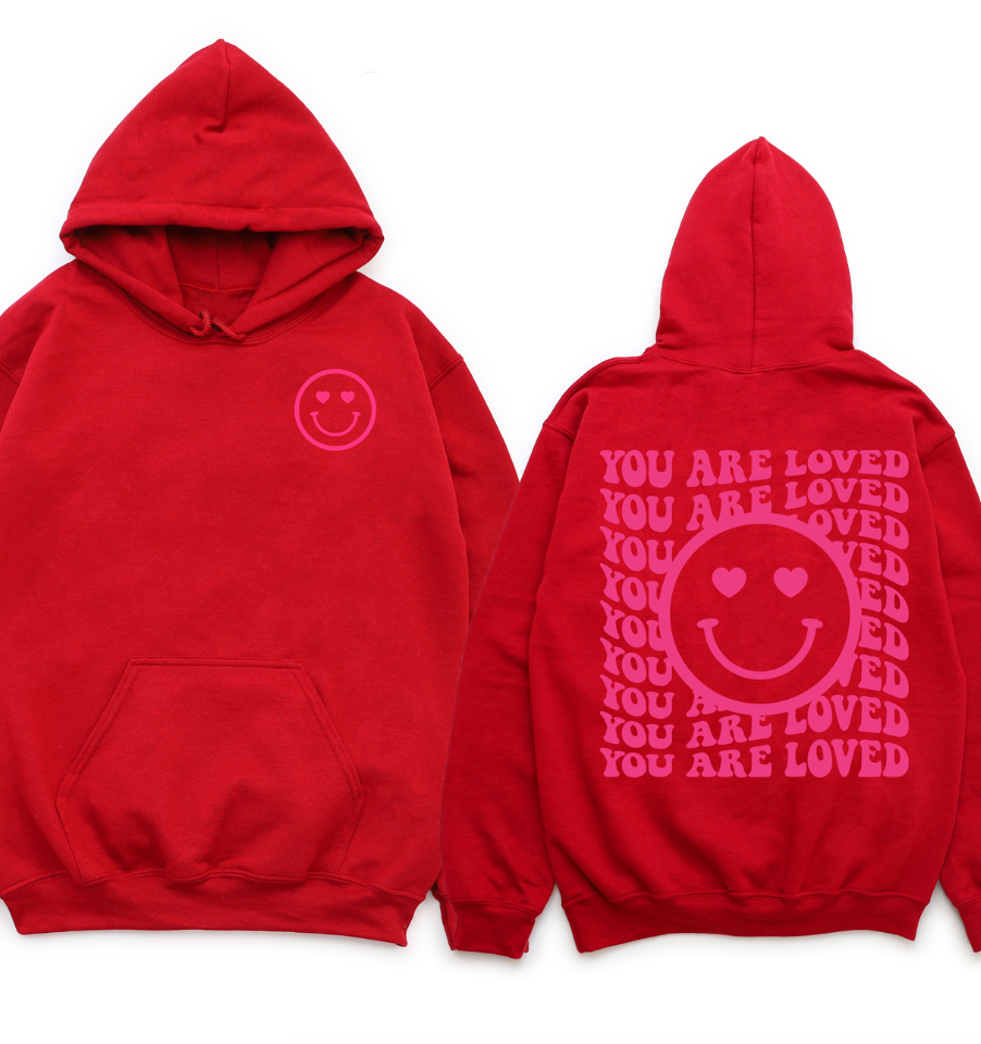 'You are Loved' Happy Face Hoodie - Red with Neon Pink