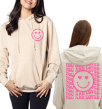 'You Are Loved' Happy Face Burnout Hoodie - Oatmeal + Neon Pink